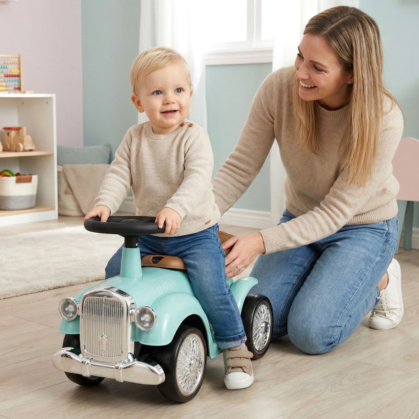Детская игрушка Gymax 1930 Classic Retro Sit to Stand Ride-On Toy with Working Steering Wheel, 23"L x 10.5"W x 13.5"H, 55 lbs Capacity, Ages 18-36 Months, цвет: Коричневый, вариант 1 — фото 8
