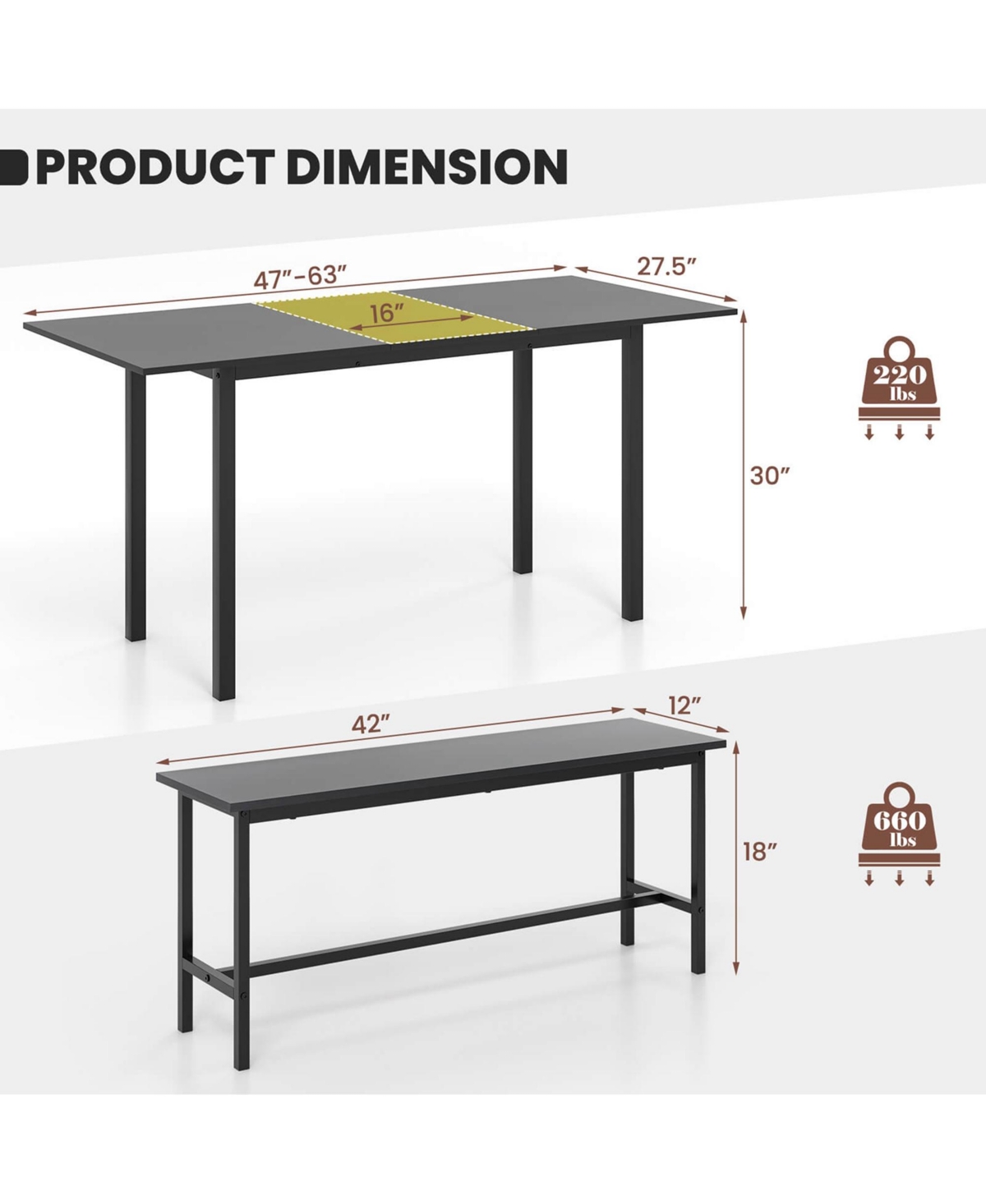 3 Piece Dining Table Set for 4-6 63"Kitchen with 2 Benches Metal Frame