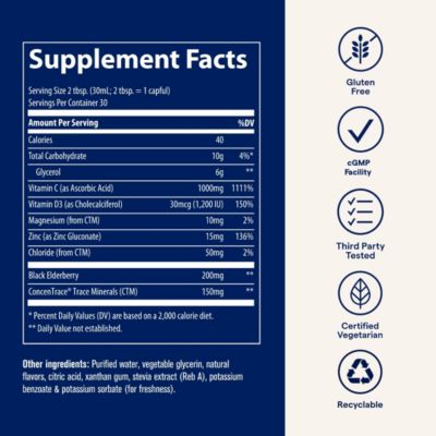 Immunity Plus: Mixed Berry liquid with elderberry & zinc for antioxidant and immune support. 30 fl oz, 30 servings.