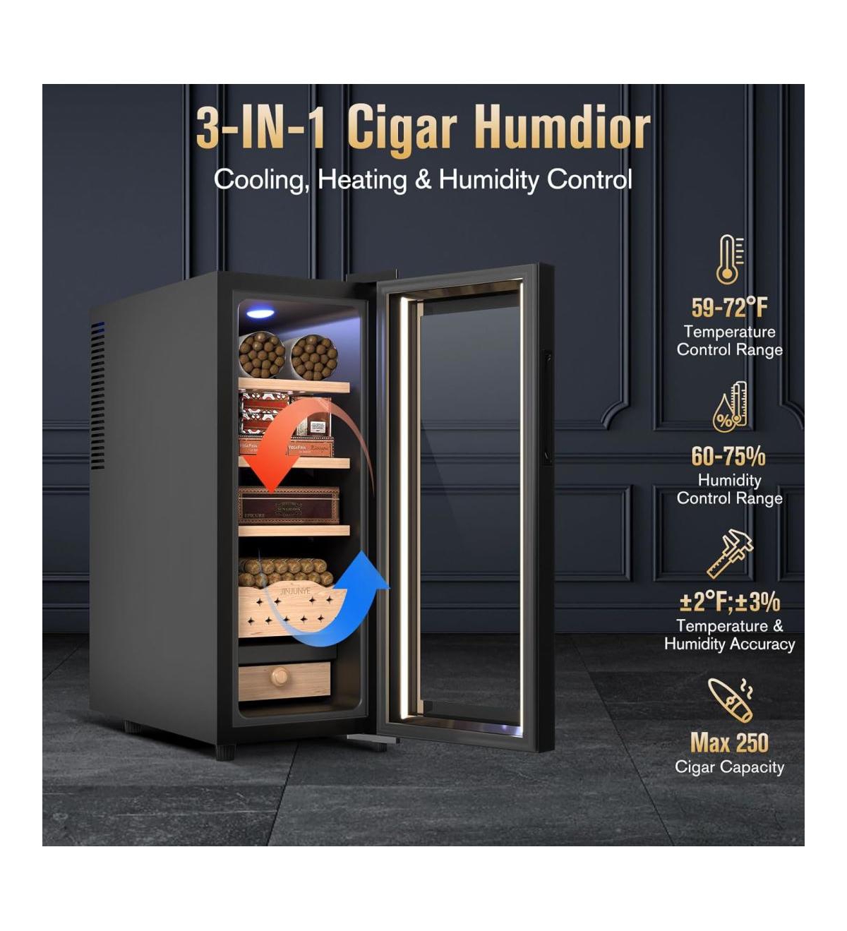 Jinjunye Upgraded 35L Cigar Humidors with 3-in-1 Cooling, Heating & Humidity Control, Electric Cooler Cigar Humidor for 250 Cigars, Cabinet Humidor wi