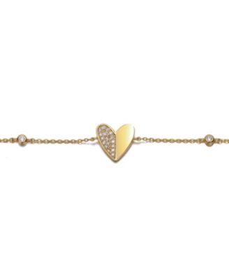 14K Gold Plated Cubic Zirconia Heart Station Charm Bracelet