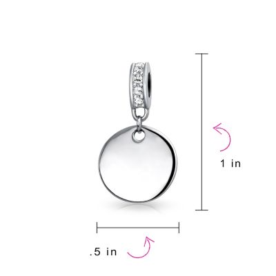 Crystal Accent Bale Dangle Round Circle Disc Shaped Charm Bead .925 Sterling Silver