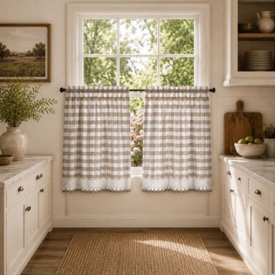 2 Piece Country Farmhouse Buffalo Plaid Rod Pocket Cafe Tier Curtain Panels With Macrame Border