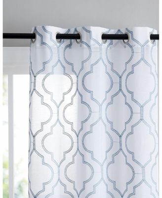 2 Piece Charlotte Clover Trellis Grommet Top Sheer Voile Window Curtain Panels - 38 in. W x 96 in. L, Blue