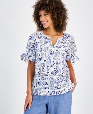 Charter Club - Women's Ceramic-Print Split-Neck Linen Shirt