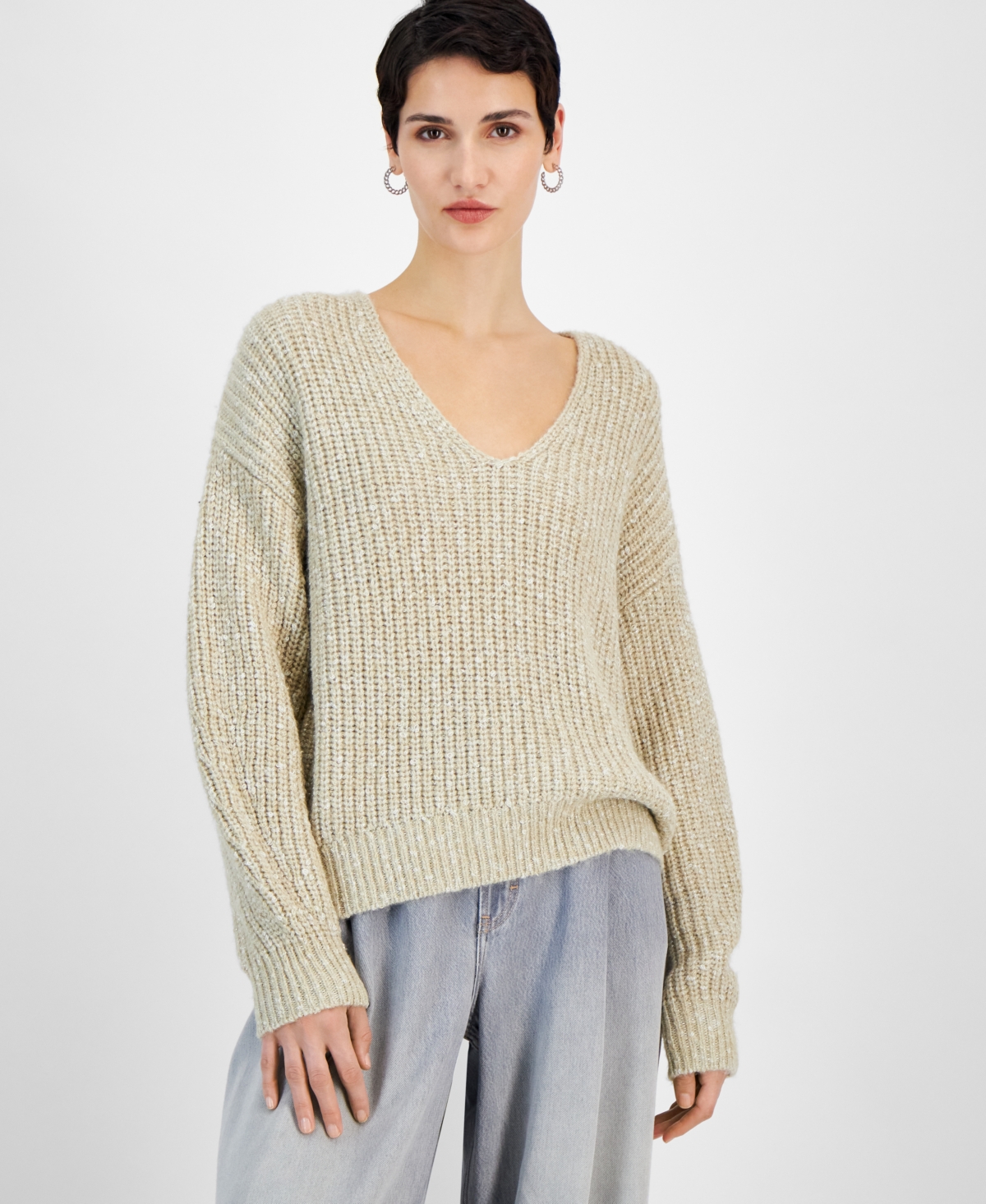 Women's Metallic V-Neck Drop-Shoulder Sweater - Sand