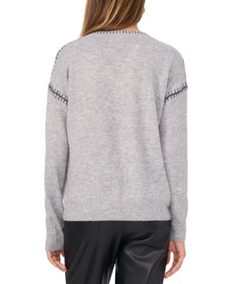 Women's V-Neck Whip-Stitch Trim Long-Sleeve Sweater		