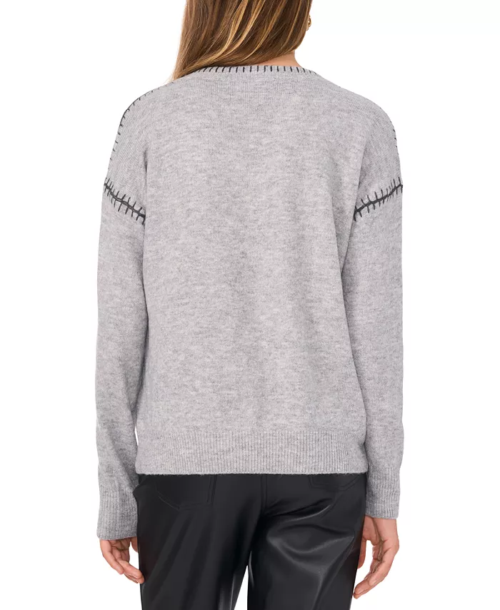 Women's V-Neck Whip-Stitch Trim Long-Sleeve Sweater - thumbnail 2