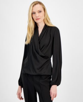 T Tahari - Women's Draped Surplice-Neckline Faux-Wrap Blouse
