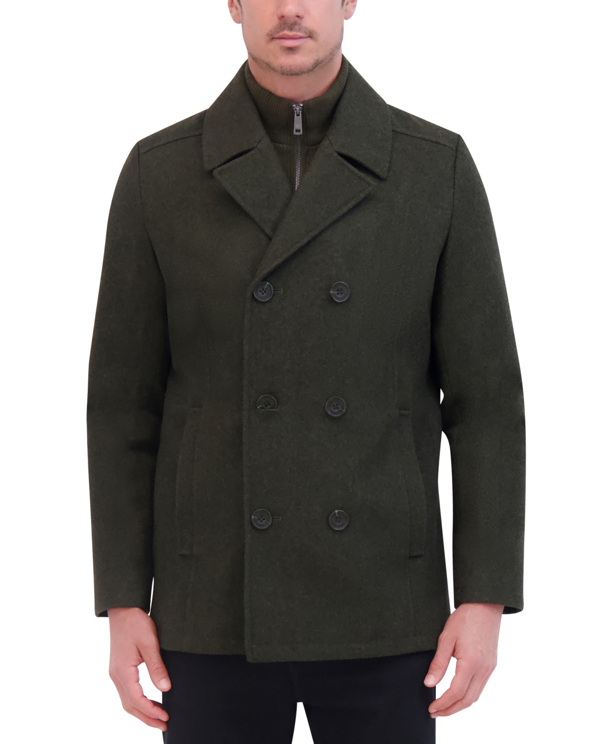 Kenneth Cole Men's Double Breasted Wool Blend Peacoat with Bib - Dark Olive  | Smart Closet
