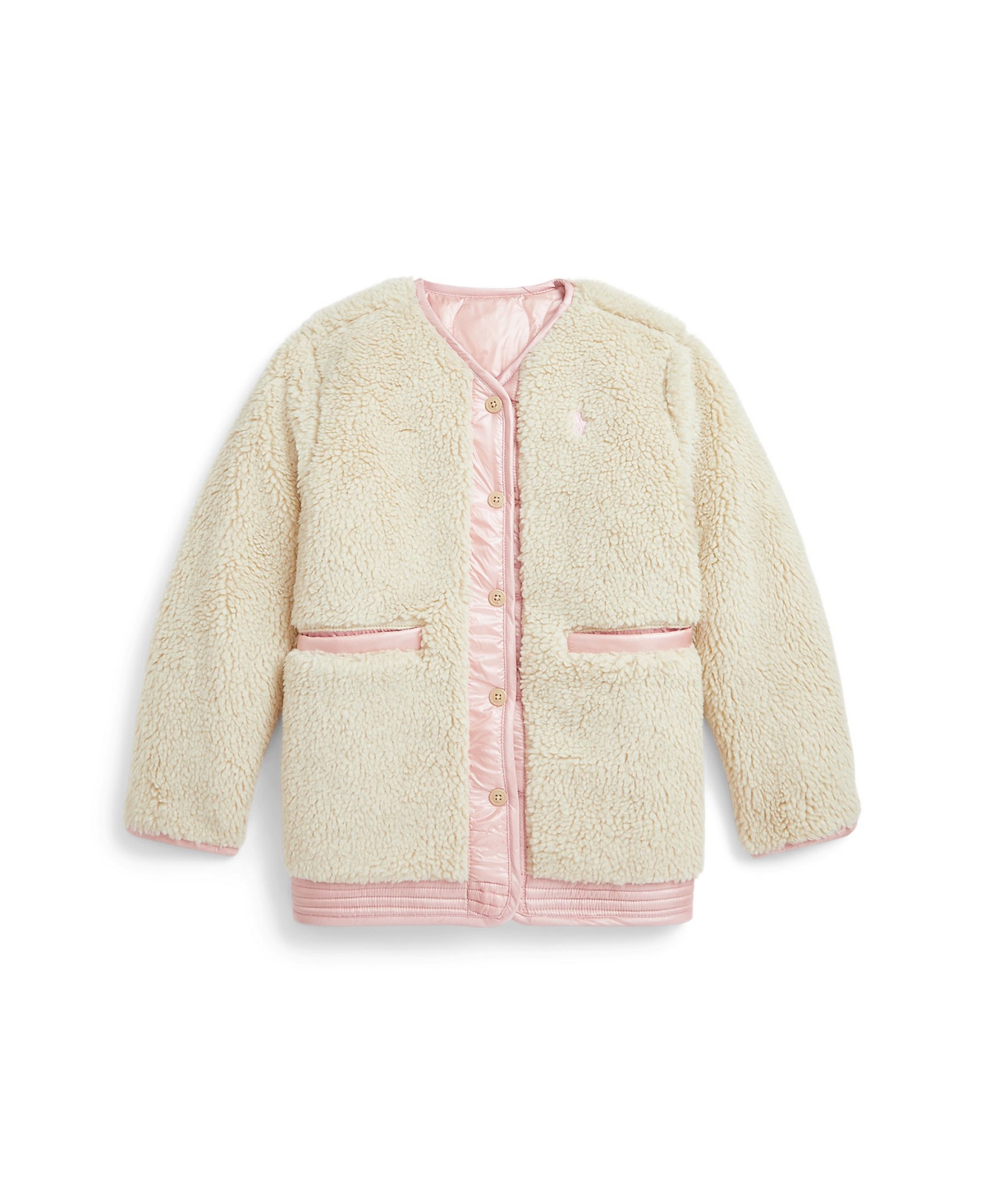 Polo Ralph Lauren Toddler And Little Girls Quilted Teddy Fleece Reversible Jacket - Hint Of Pink Metallic with Spring Biege