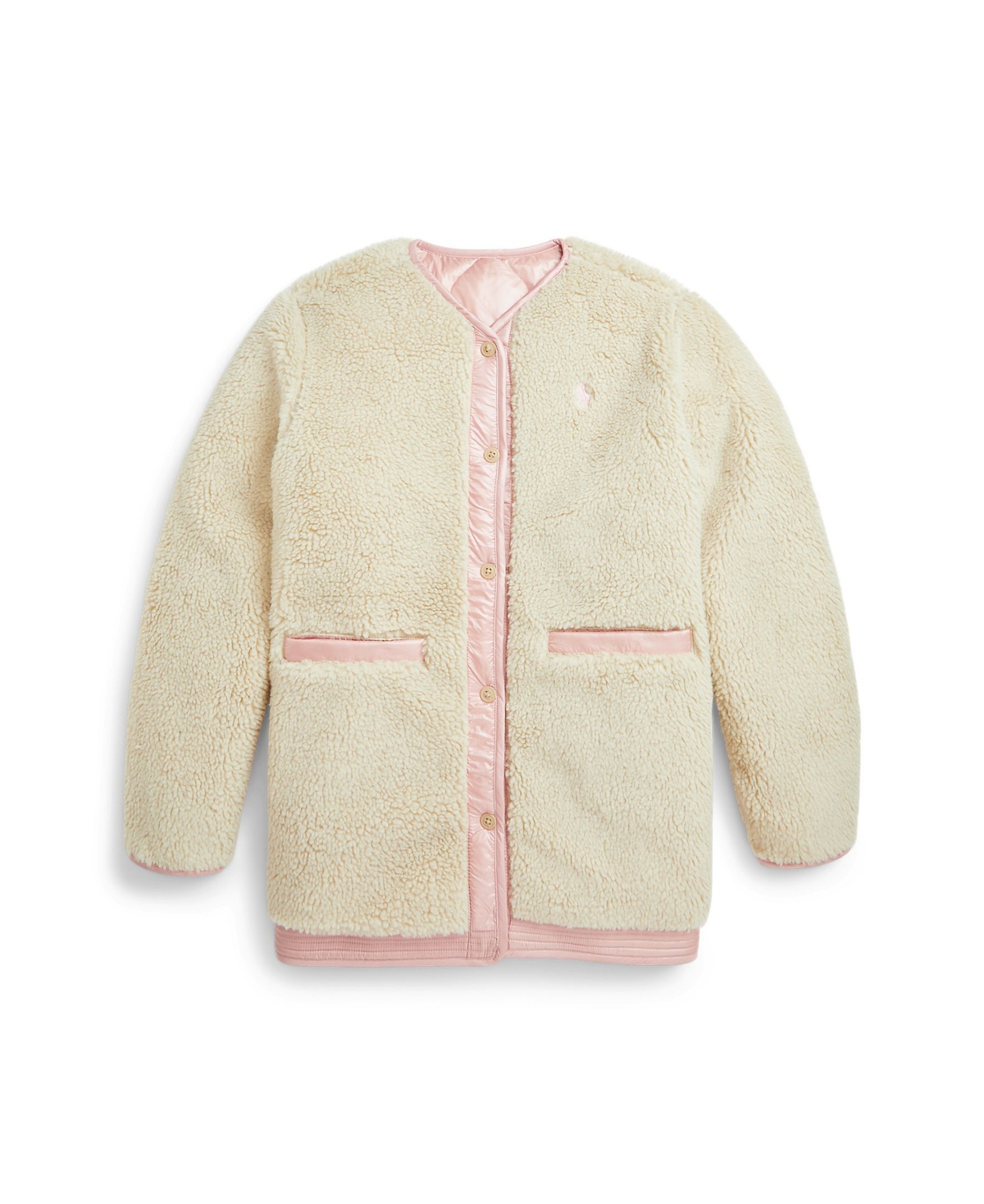 Polo Ralph Lauren Big Girls Quilted Teddy Fleece Reversible Jacket - Hint Of Pink Metallic with Spring Biege