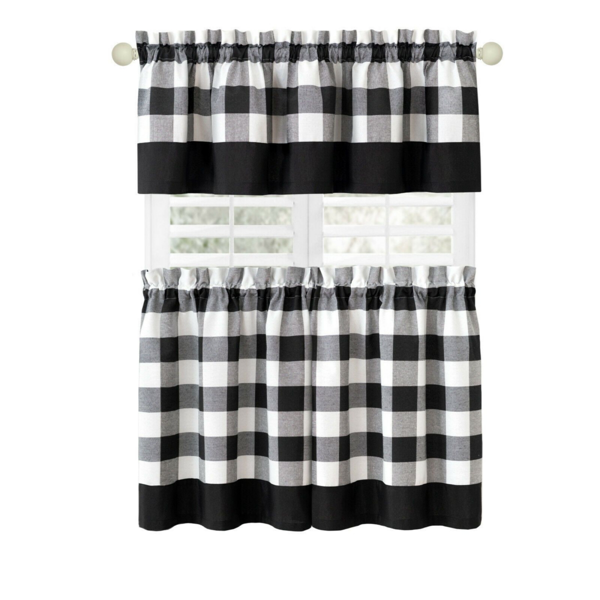 Kate Aurora Modern Country Farmhouse 3 Piece Plaid Checkered Cafe Kitchen Curtain Tier & Valance Set