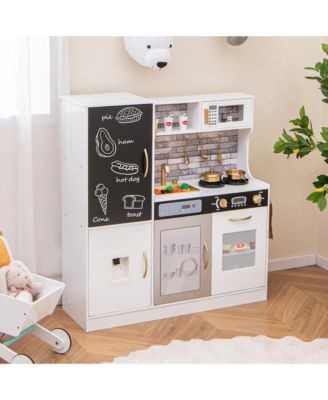 Play Kitchen Toy Set w/ Chalkboard Oven Sink Curtain Microwave Water Dispenser