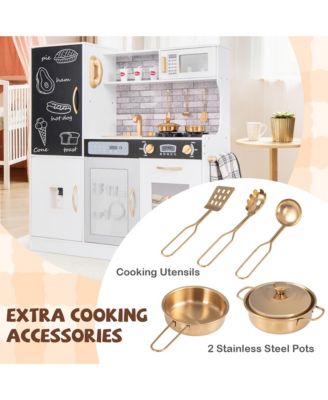 Play Kitchen Toy Set w/ Chalkboard Oven Sink Curtain Microwave Water Dispenser