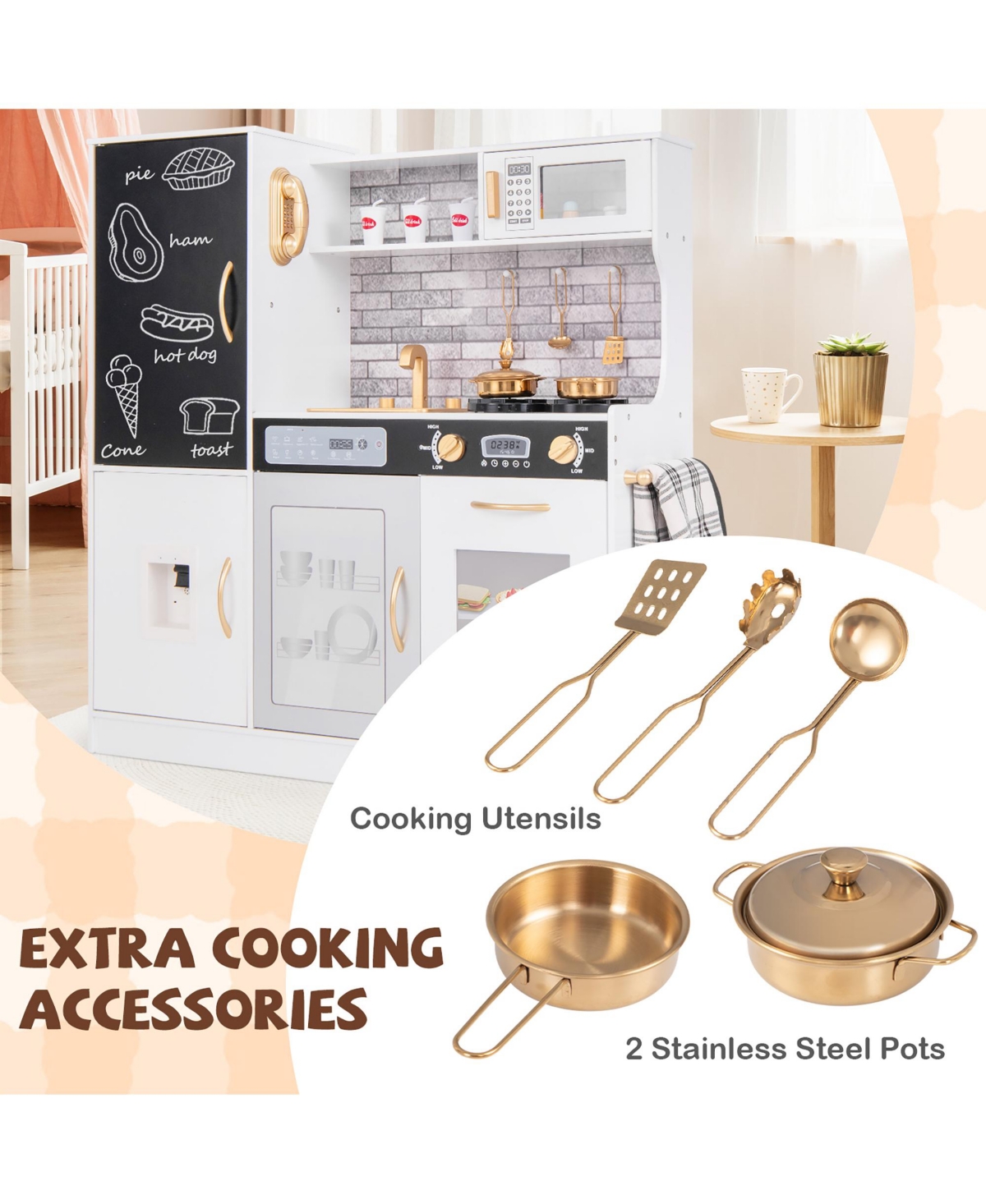 Gymax Play Kitchen Toy Set w/ Chalkboard Oven Sink Curtain Microwave Water Dispenser - White+black
