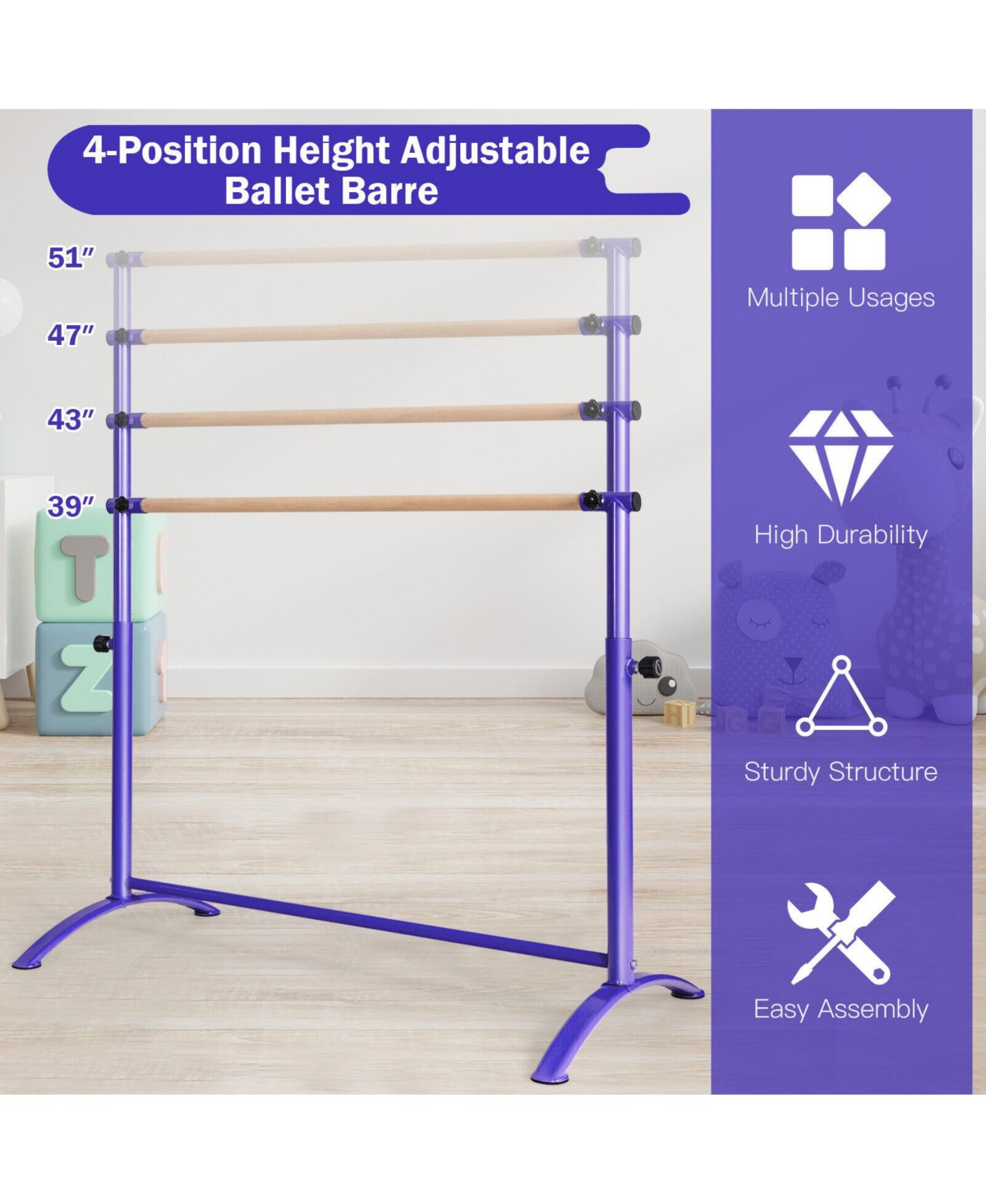 Sugift 51 Inch Ballet Barre Bar with 4-Position Adjustable Height-Purple