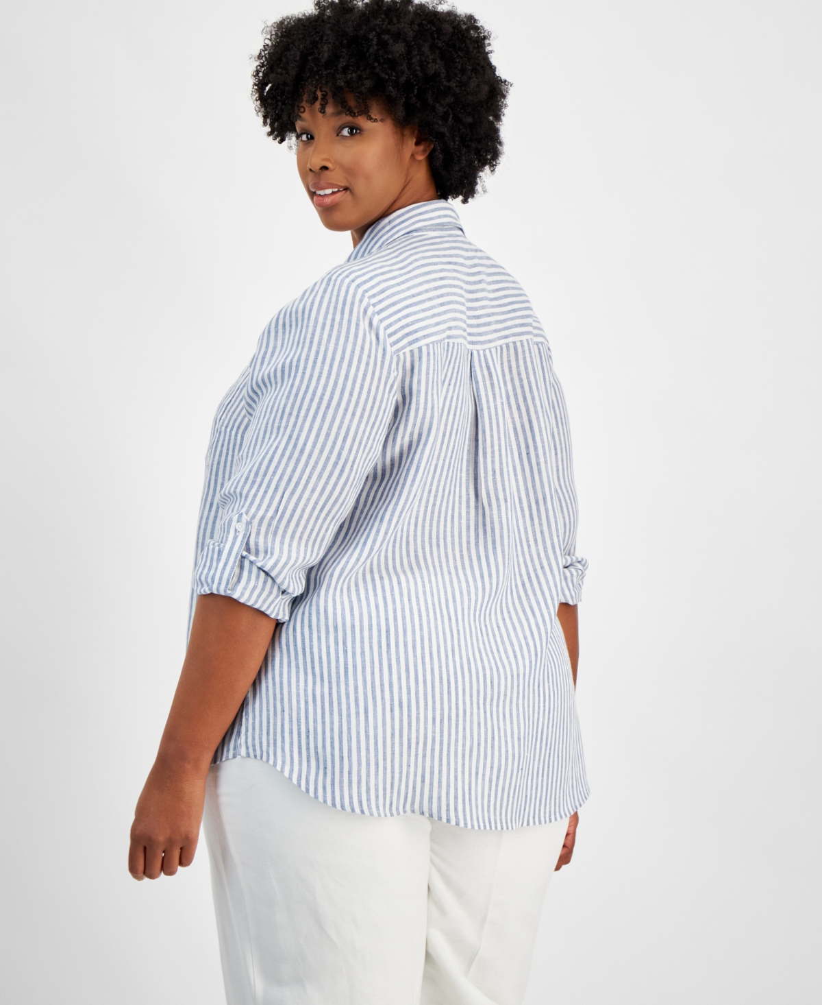 Charter Club Plus Size Linen Striped Button-Up Shirt, Exclusively at Macy's