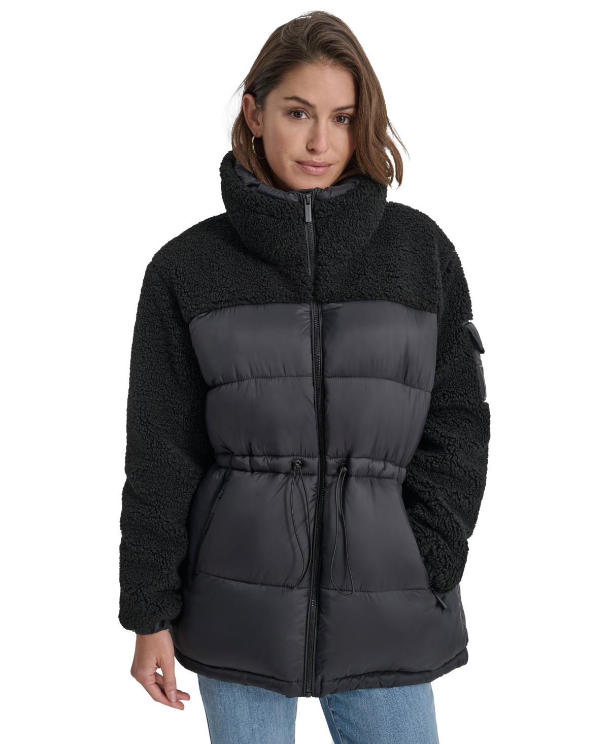 Dkny Jeans Women's Faux-sherpa Puffer Mixed Coat In Blk - Black
