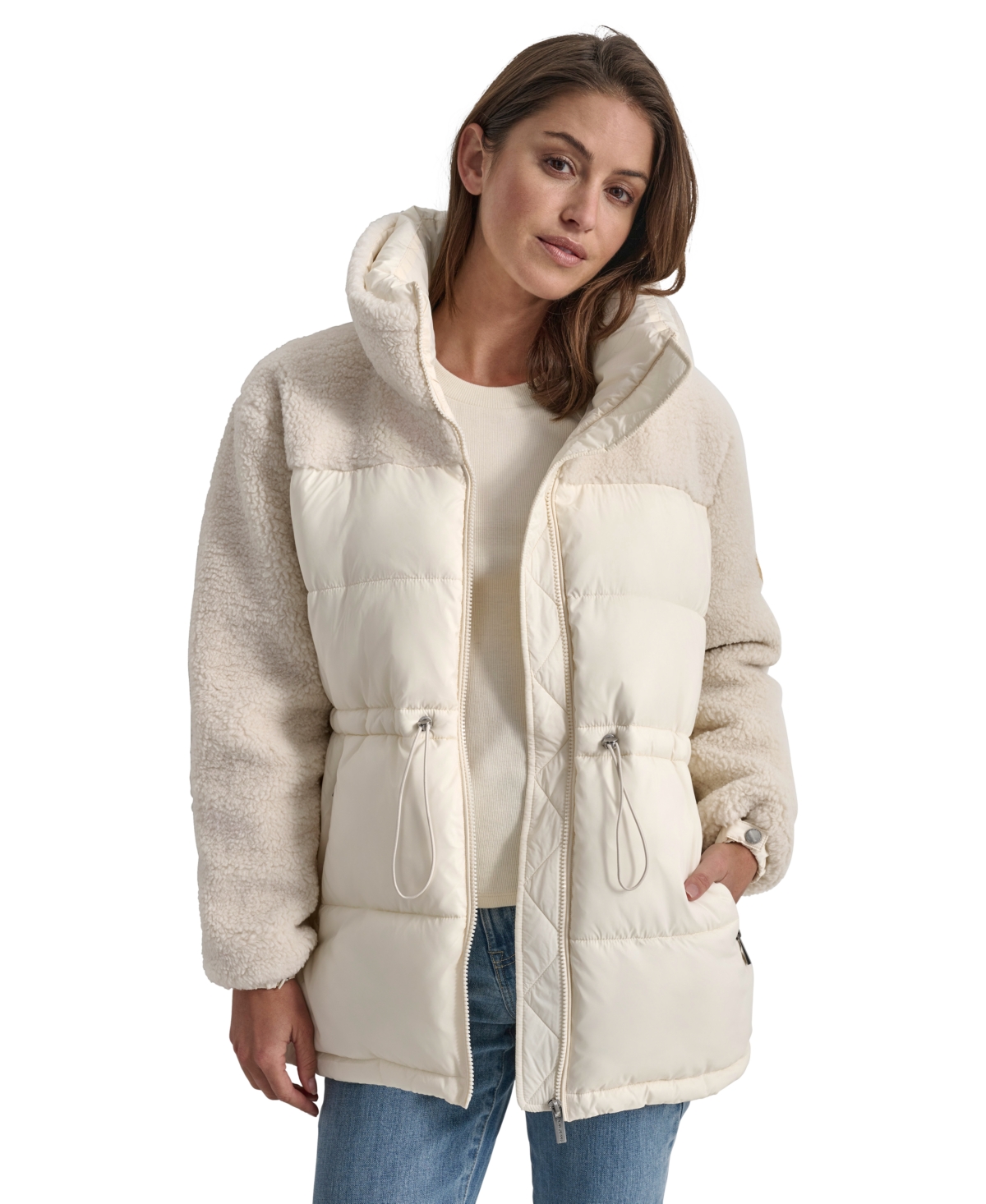 Dkny Jeans Women's Faux-sherpa Puffer Mixed Coat In G0h - Eggnog