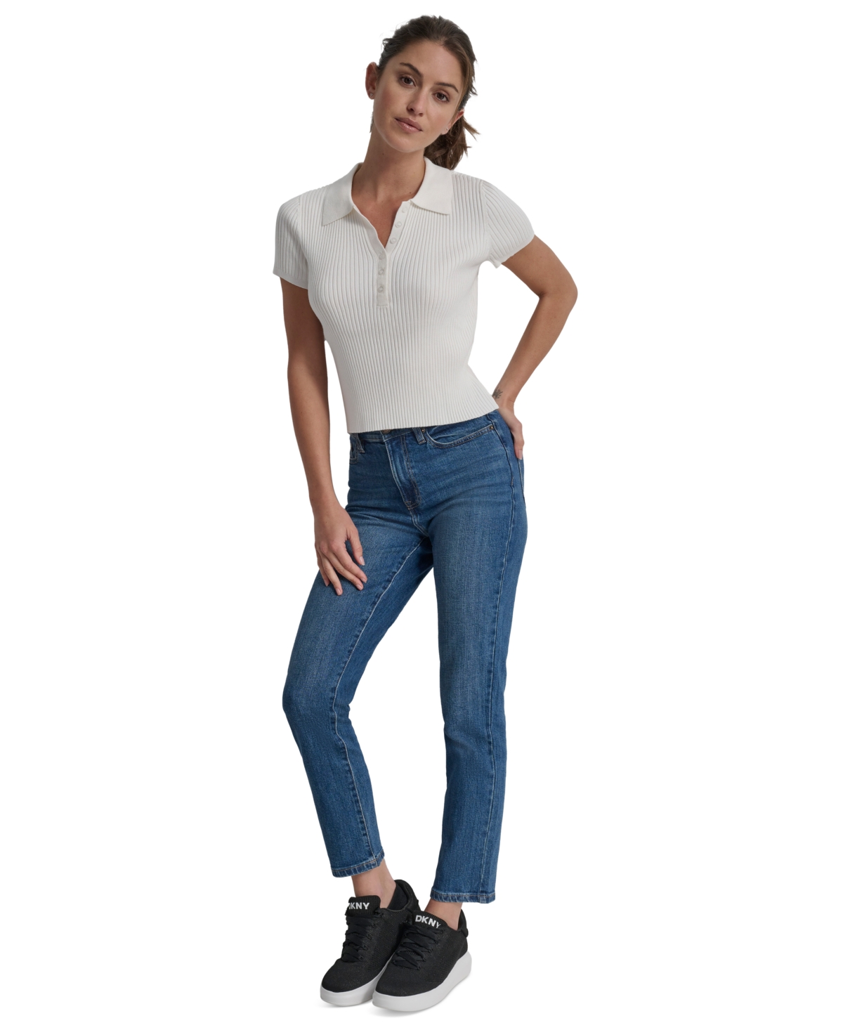 Women's Short-Sleeve Ribbed Knit Polo Shirt - BLK - BLACK