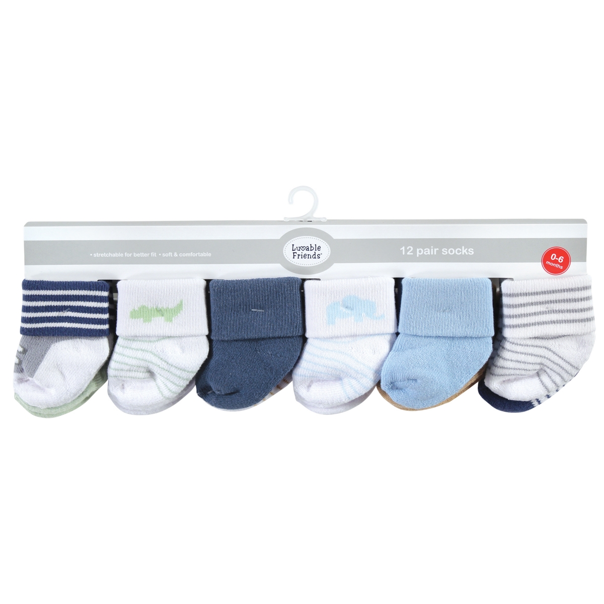 Luvable Friends Baby Boys Grow with Me Cotton Terry Socks, 0-6 and 6-12 - Safari