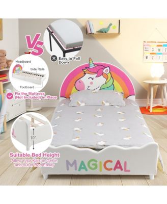 Kids Upholstered Platform Bed Children Twin Size Wooden Bed Unicorn Pattern