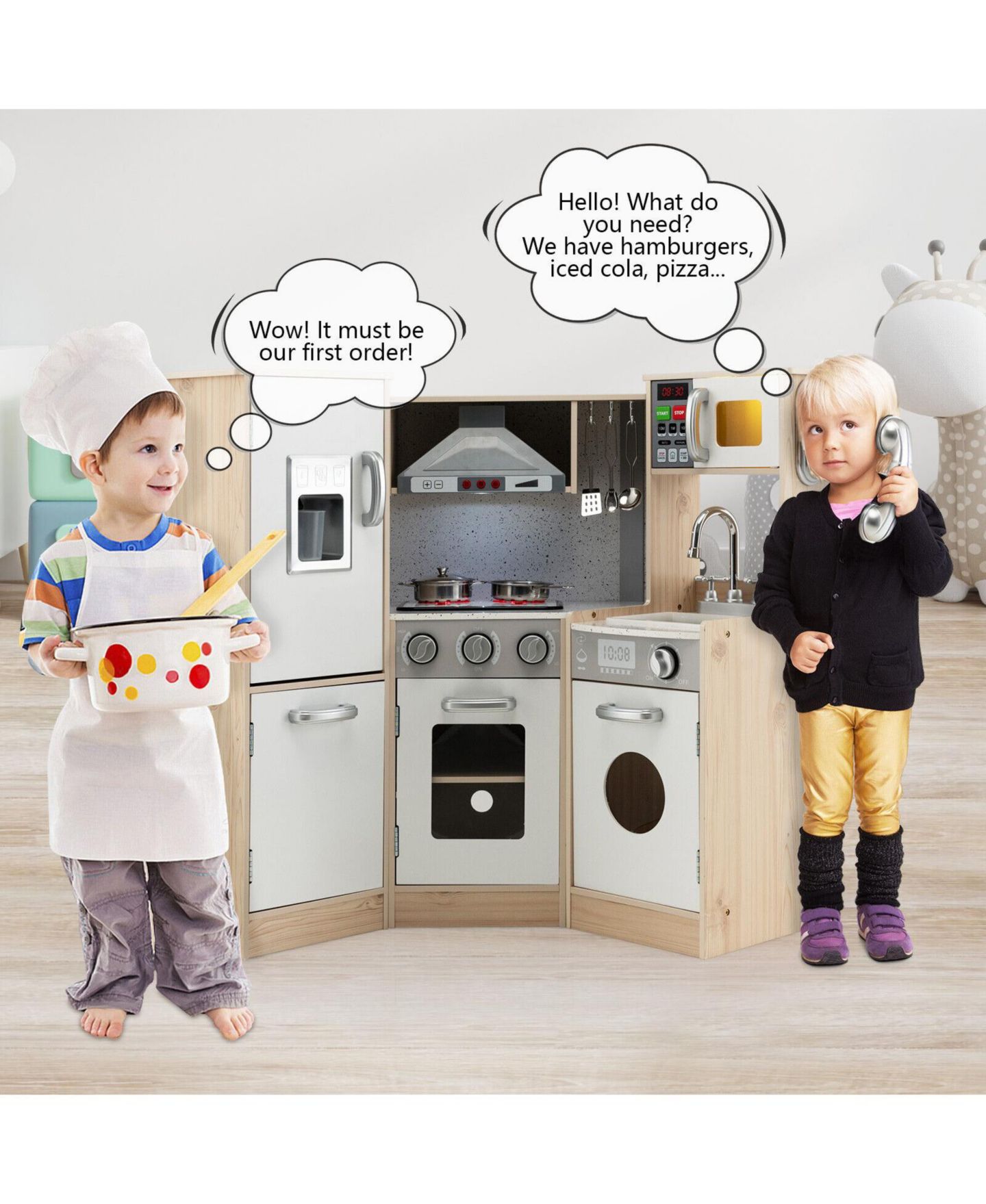 Детский игровой набор SUGIFT Kids Corner Wooden Kitchen Playset with Cookware Accessories, L-Shape Pretend Play Chef Station for Toddlers — фото 8