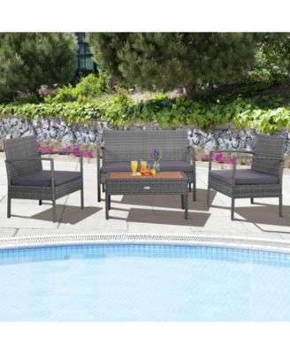 4 Pieces Rattan Patio Conversation Furniture Set with Acacia Wood Tabletop