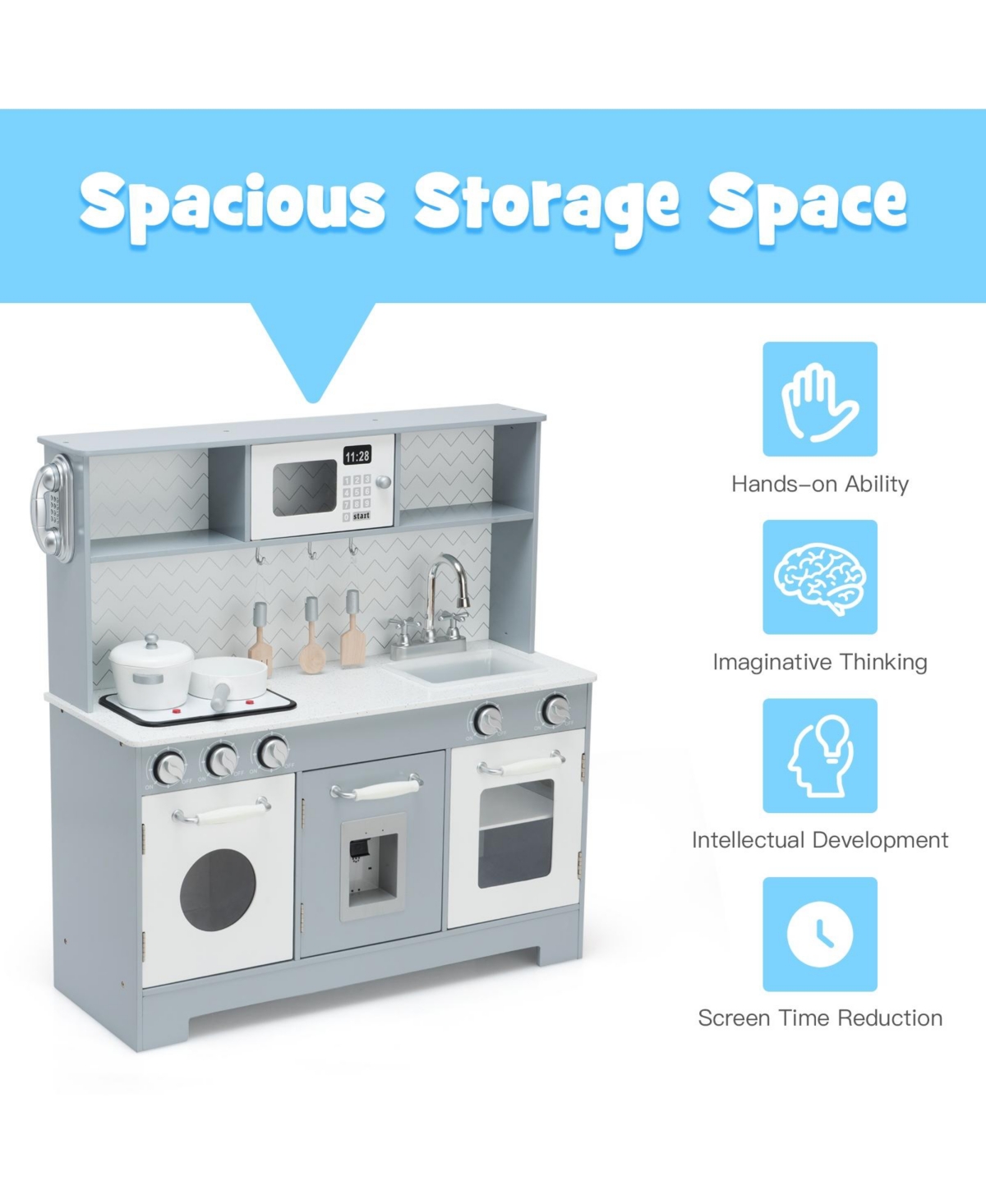 Sugift Wooden Kitchen Pretend Play Toy for Kids with Realistic Light and Sound