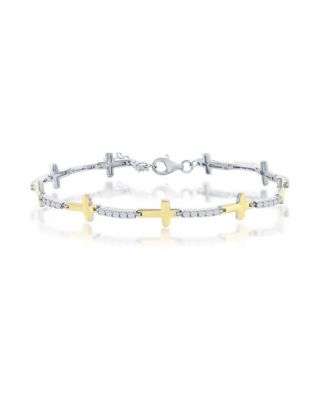 Sterling Silver, Sideways Cross & CZ Bracelet - Gold Plated