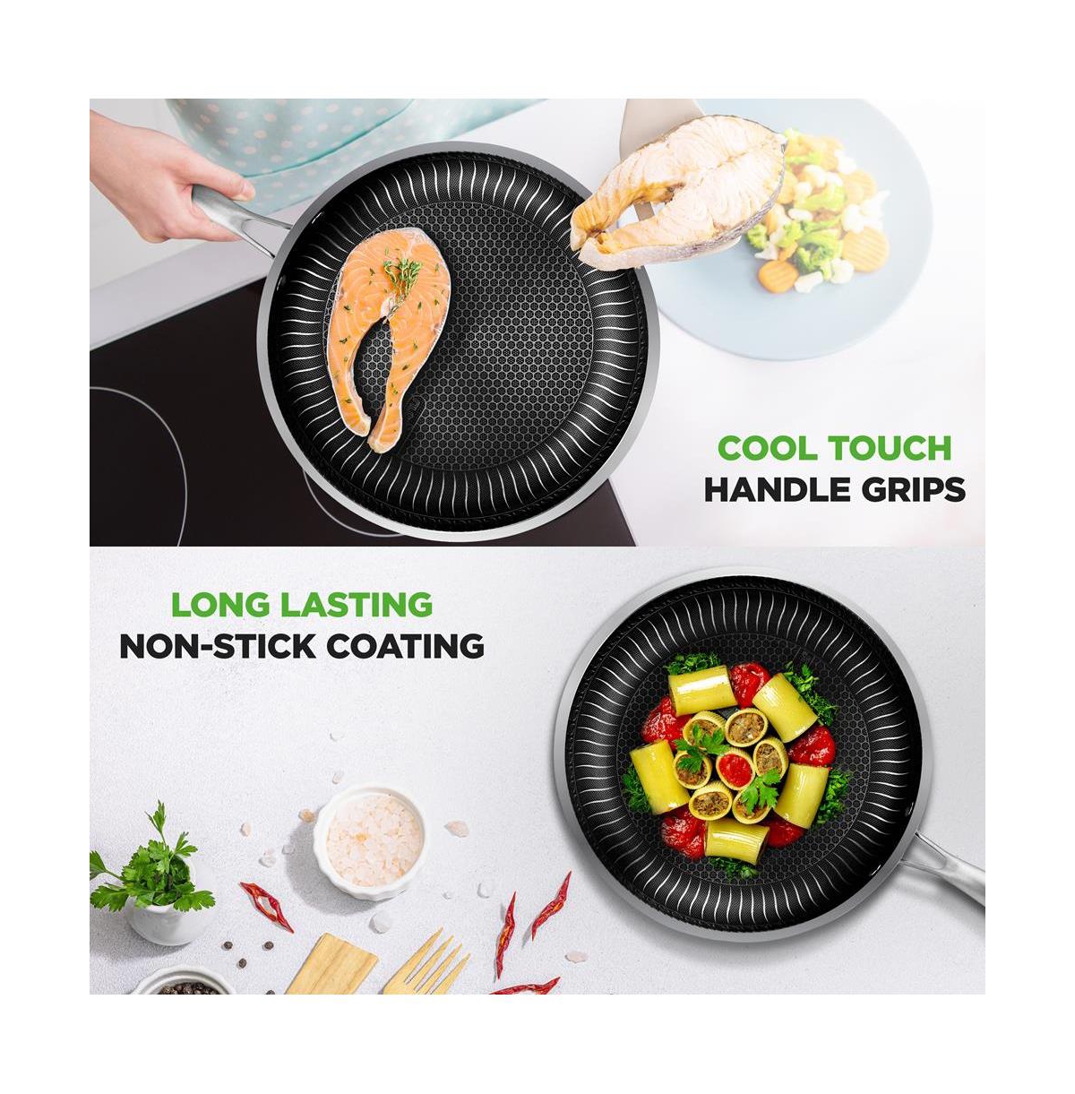 NutriChef Kitchenware Pots & Pans Set - TriPly Stainless Steel Cookware, Dakin Etching Non-Stick Coating Inside and Outside (6-Piece Set) - Assorted p