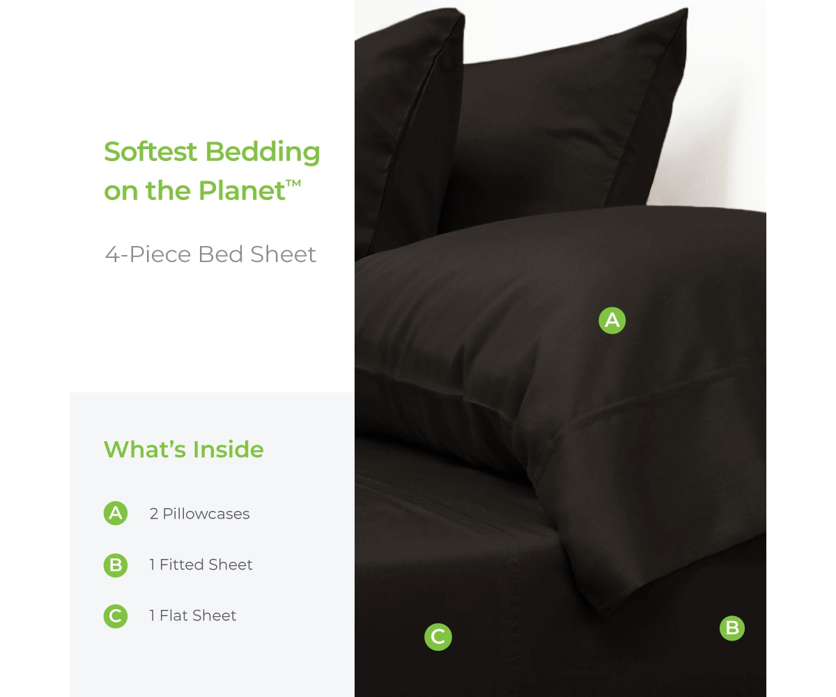 Cariloha Retreat 4-Piece Sateen Sheet Set | Black Sand | Split King | Lyocell Material | Breathable, Corner Straps, Extra soft & Cooling