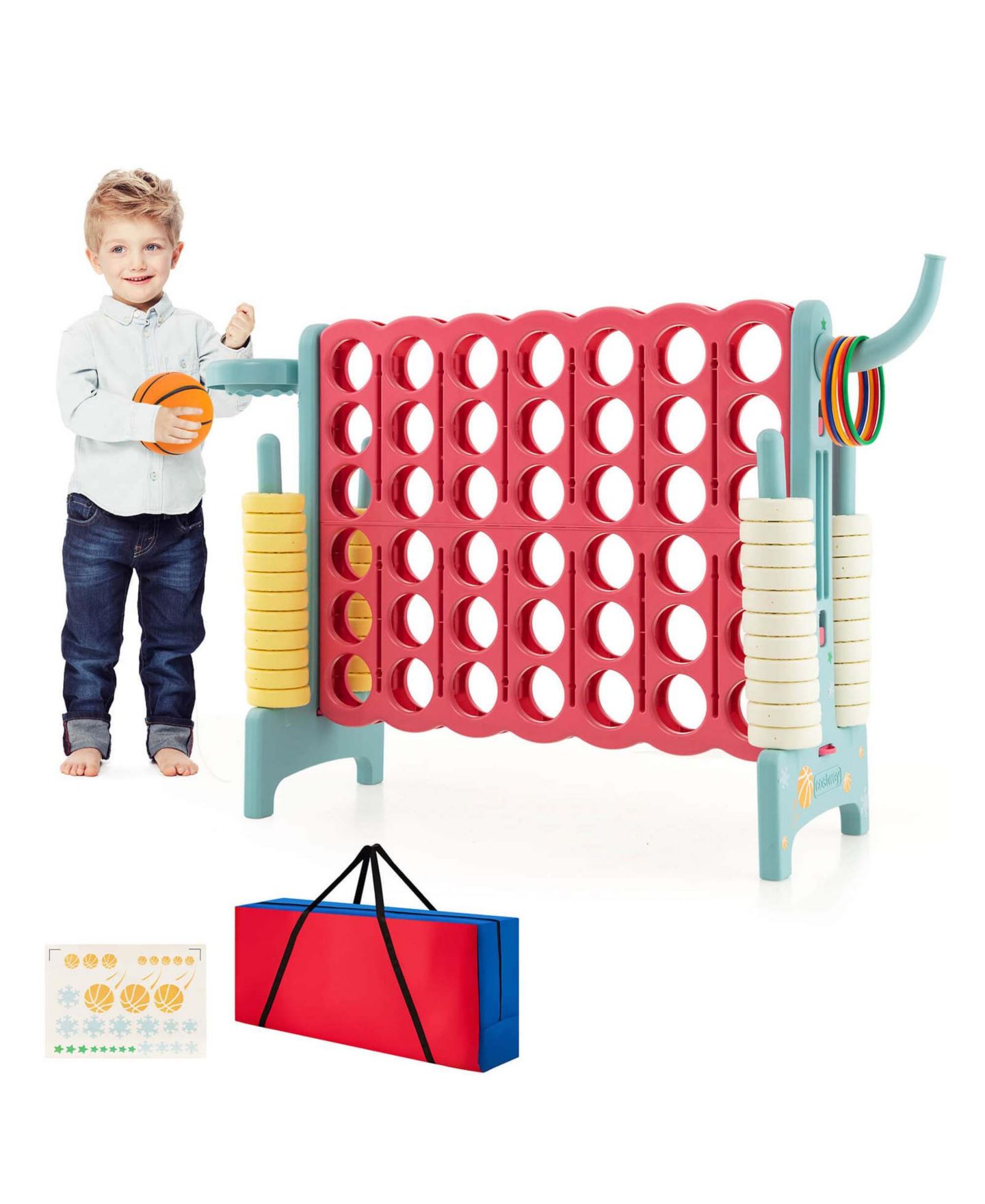 Детские игрушки Costway Jumbo 4-to-Score 4 in A Row Giant Game Set with Carry Bag Stickers, цвет: Красный — фото 1
