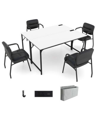 Set of 2 Meeting Room Desk with Charging Station & Headphone Hook Metal Frame