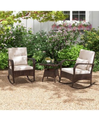 3 PCS Rocking Bistro Set with Removable Cushions & Tempered Glass Top Coffee Table