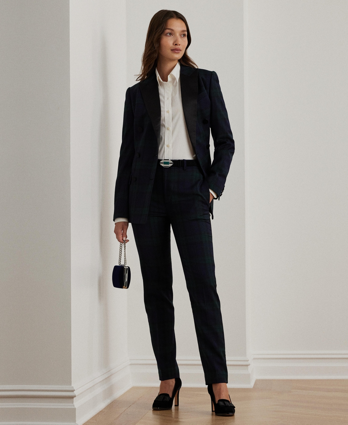 Lauren Ralph Lauren Women's Plaid Satin-Stripe Twill Cropped Pants, Regular & Petite -Navy/Black