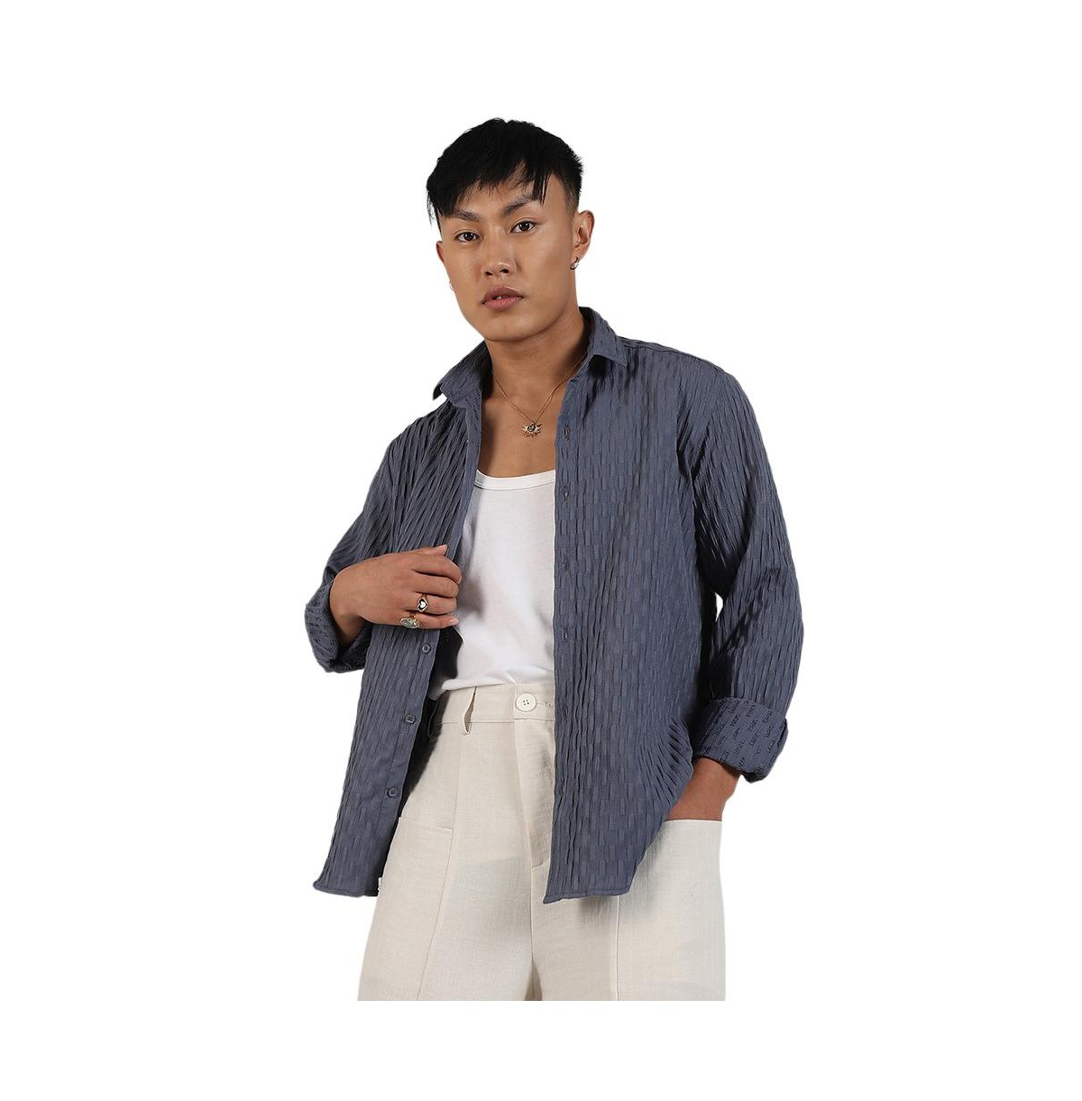 Men's Prussian Blue Crinkled-Weave Shirt - Blue
