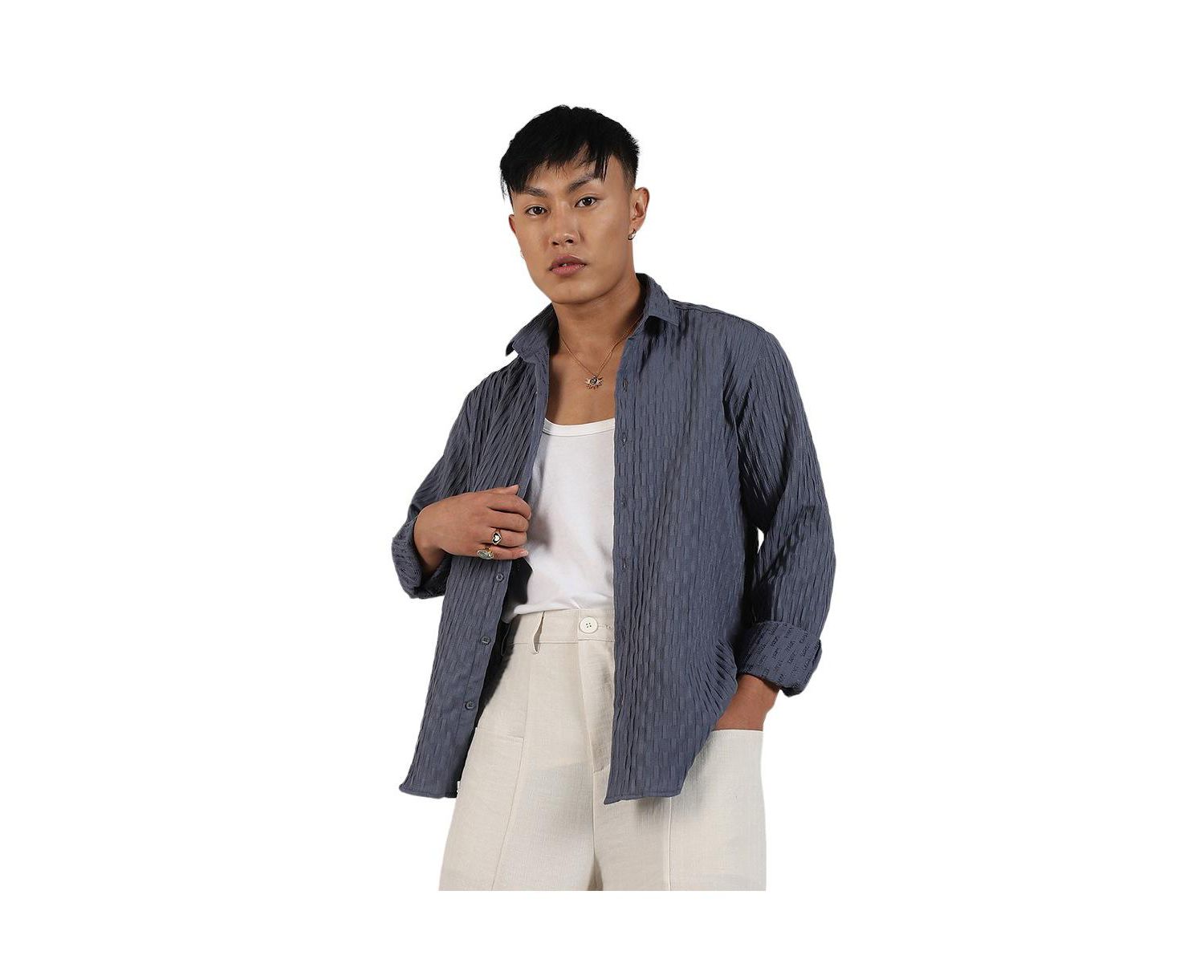 Men's Prussian Blue Crinkled-Weave Shirt