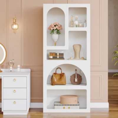 70" Tall Geometric Bookshelf, White Arched Bookcase with 5 Irregular Storage Shelves, Modern Open Art Decor Display Shelf Free-Standing