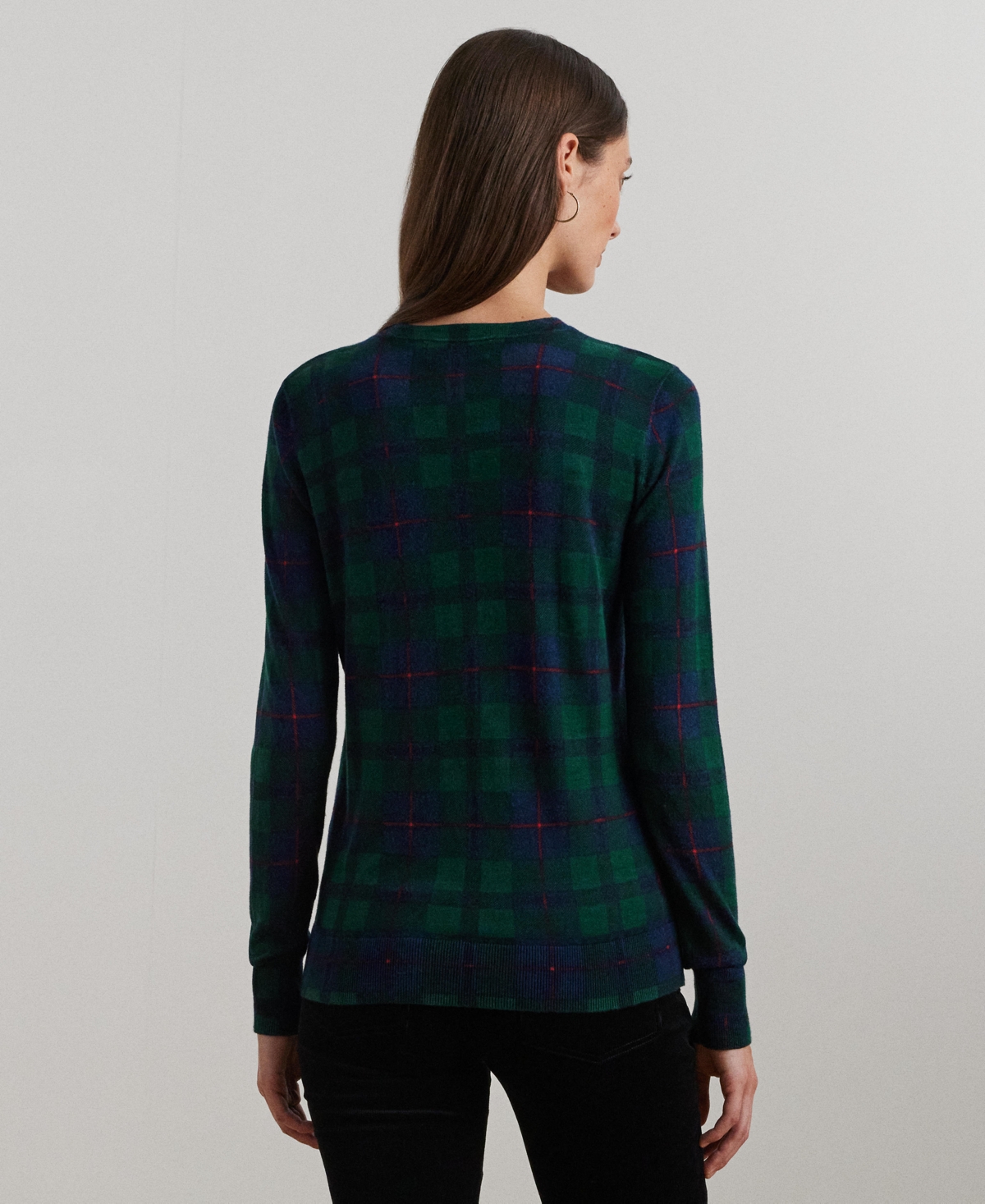 Lauren Ralph Lauren Women's Black Watch Plaid Beaded-Crest Sweater, Regular & Petite