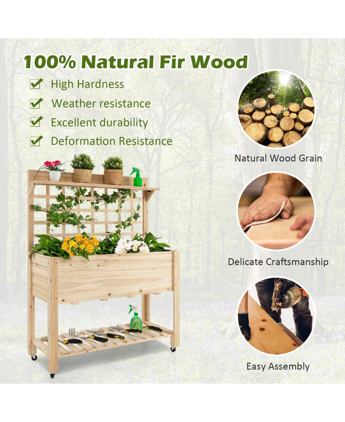 Givimo Wooden Raised Garden Bed with Wheels Trellis and Storage Shelf