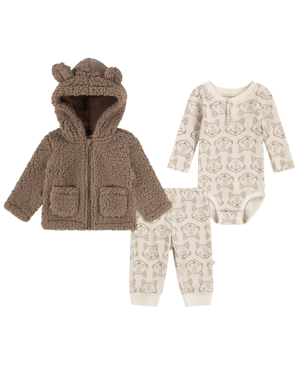 Huggies Baby Boys Sherpa Jacket, Bodysuit And Pants 3-piece Set In Brown