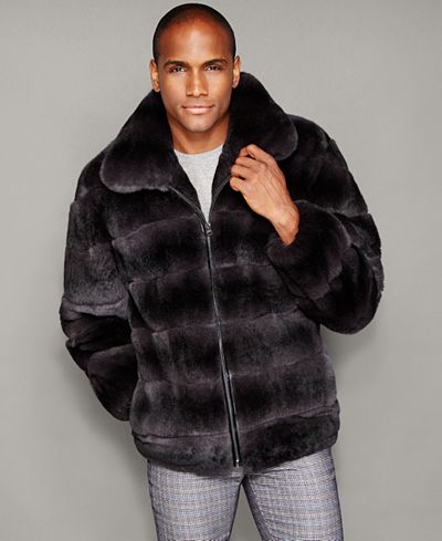 The Fur Vault Mens Rabbit Fur Bomber Jacket