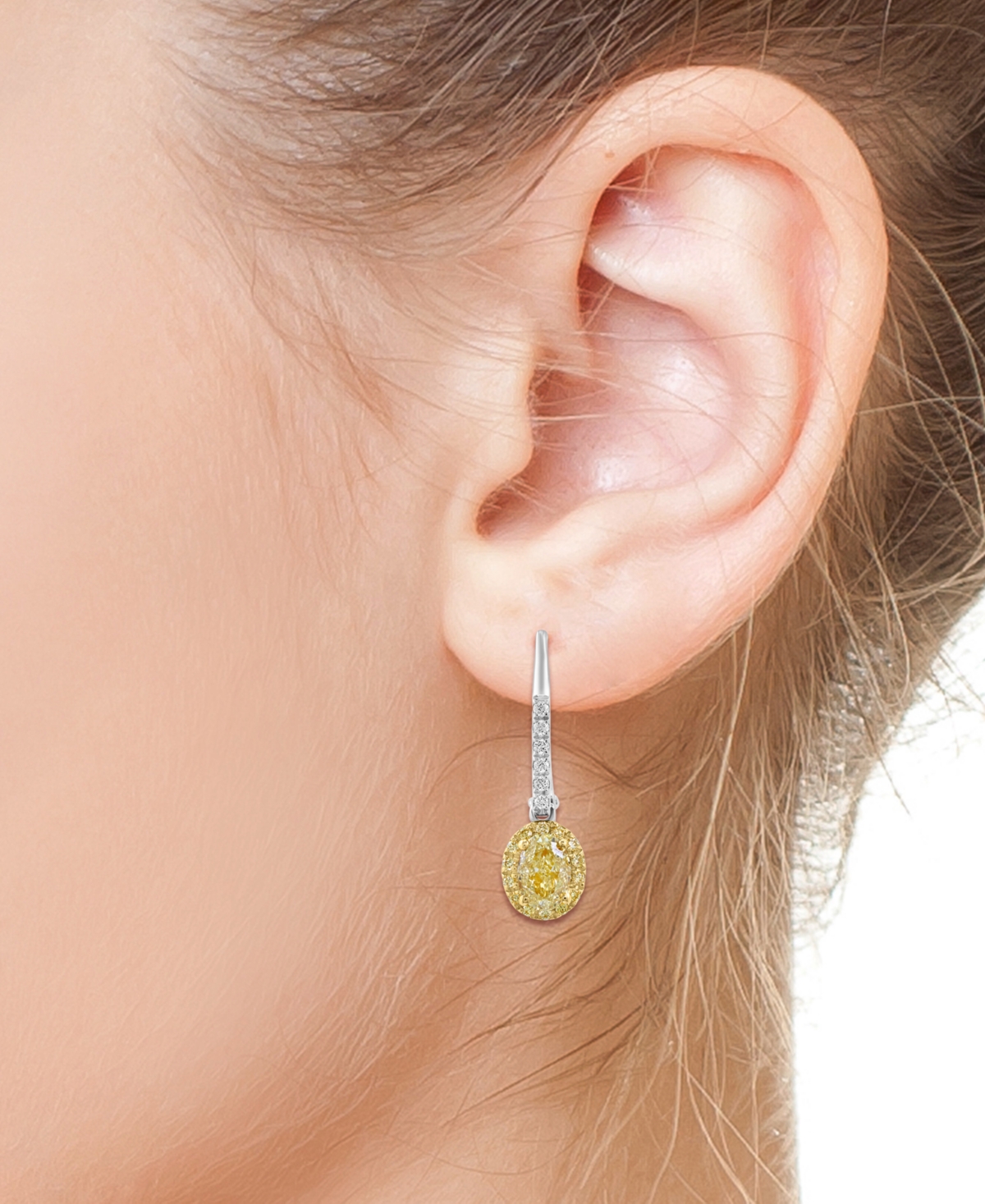 Effy Collection Effy Yellow Diamond (1-1/10 Ct. T.w.) & White Diamond (1/10 Ct. T.w.) Oval Halo Leverback Drop Earri In Two-tone Gold