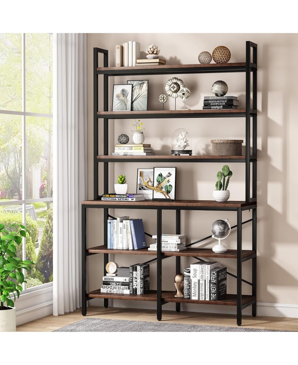 Tribesigns 6-Tier Bookshelf, Industrial Bookcase with Open Shelf, 6 Shelf Storage Rack with X-Shaped Frame, Rustic Book Shelf for Living Room, Bedroom