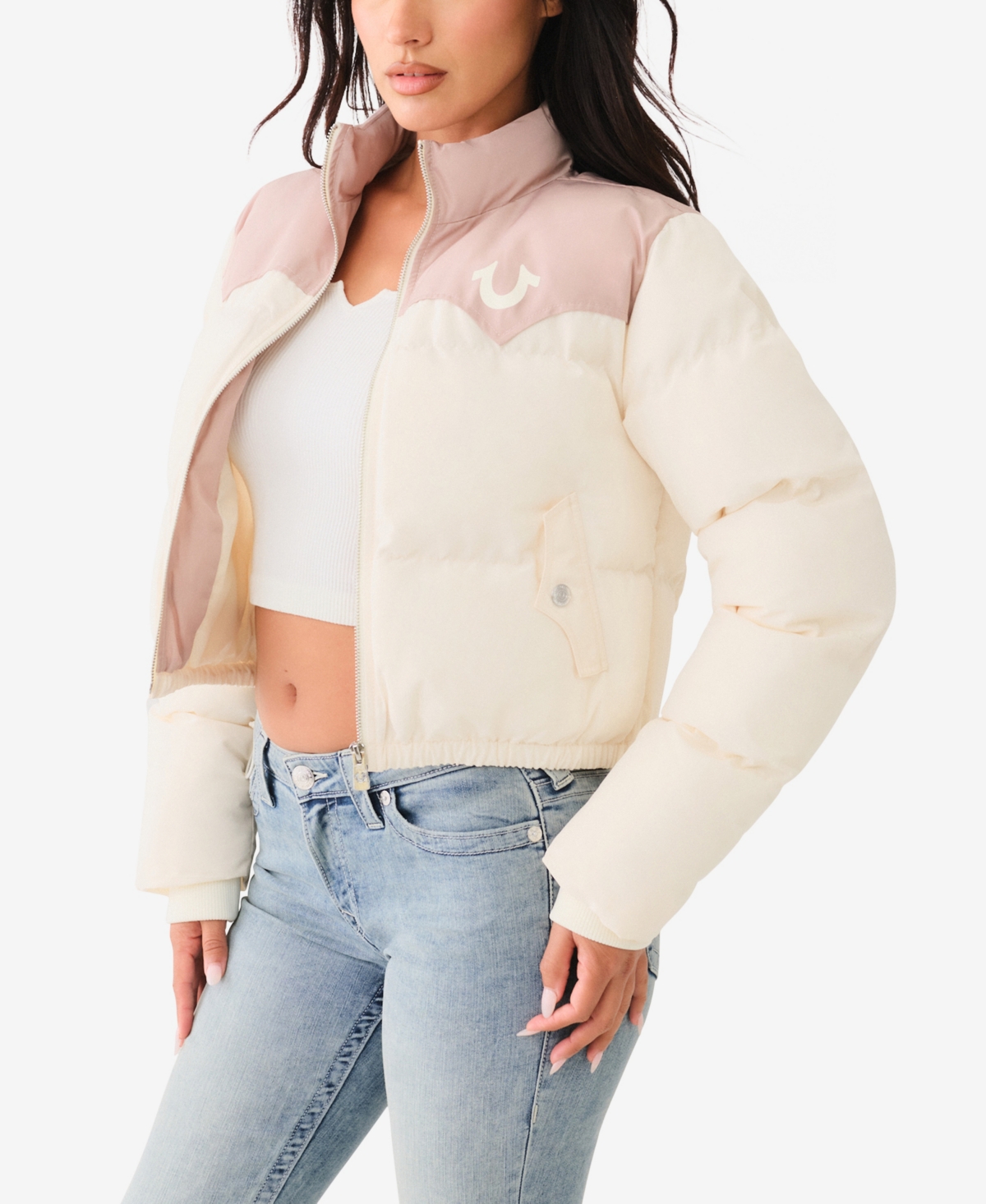True Religion Women's Western Zip Up Puffer Jacket -Winter White