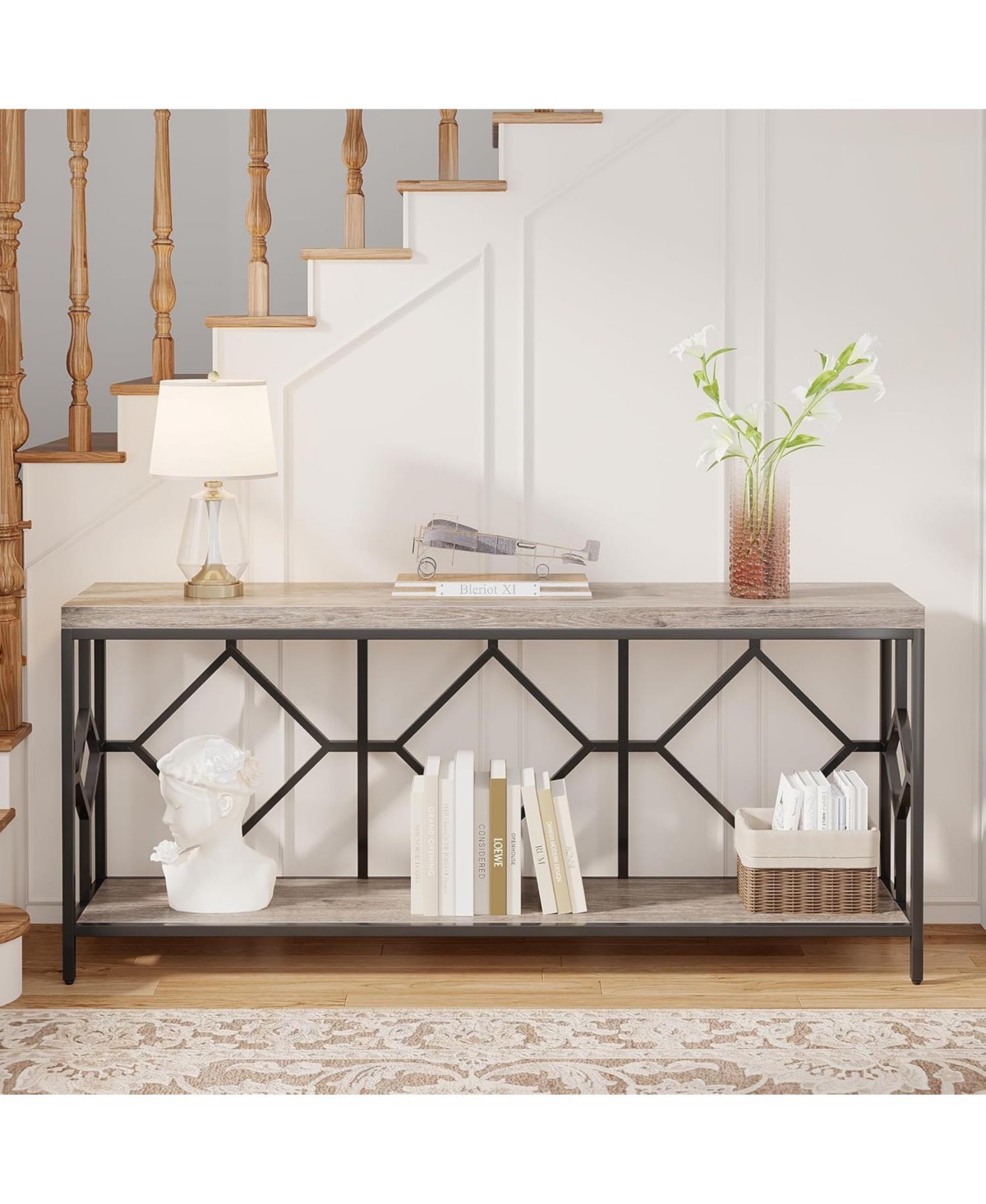 Tribesigns Extra Long Sofa Table, Narrow Long Sofa Console Tables Behind Couch Table with Open Storage Shelf - Grey and black
