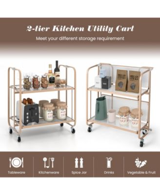 2-Tier Mobile Serving Cart with Tempered Glass Shelf