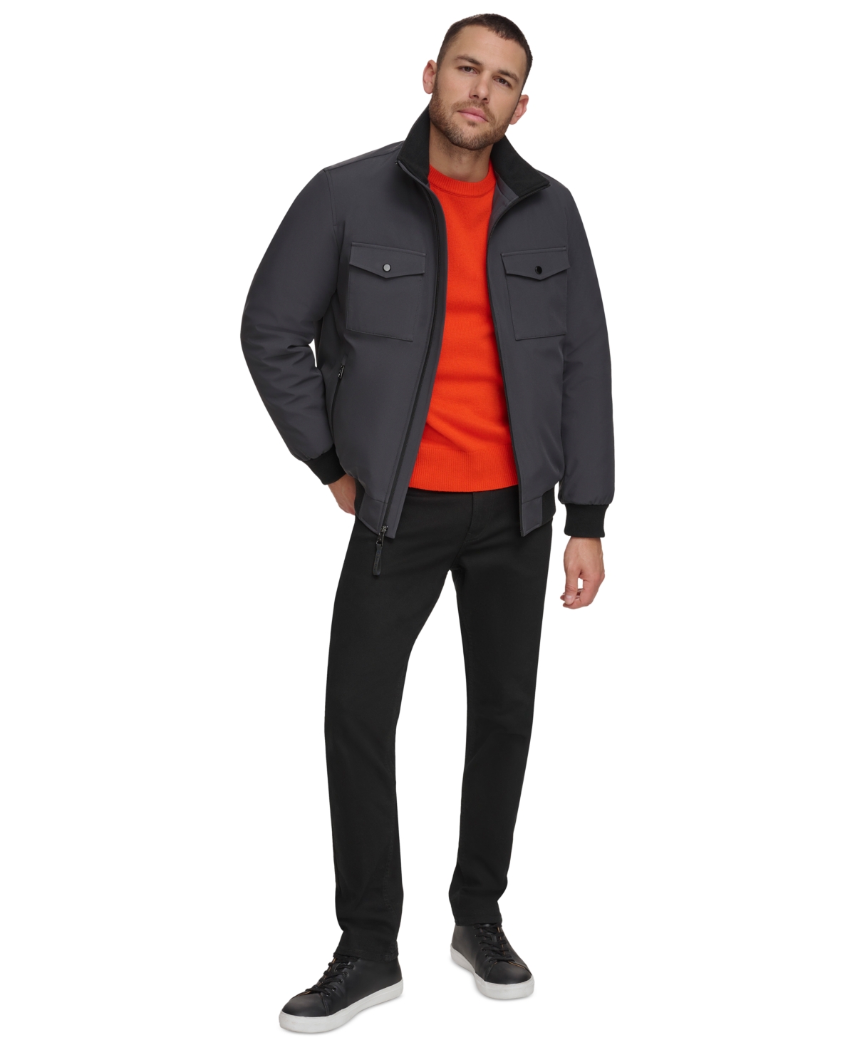 Calvin Klein Water Resistant Flextech Stretch Bomber Jacket In Iron
